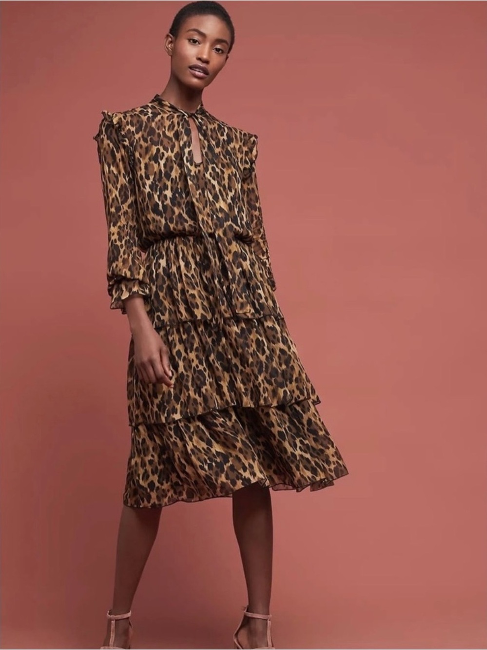 Anthropologie ottod'ame leopard print ruffle long sleeve sheer dress ~ NWOT